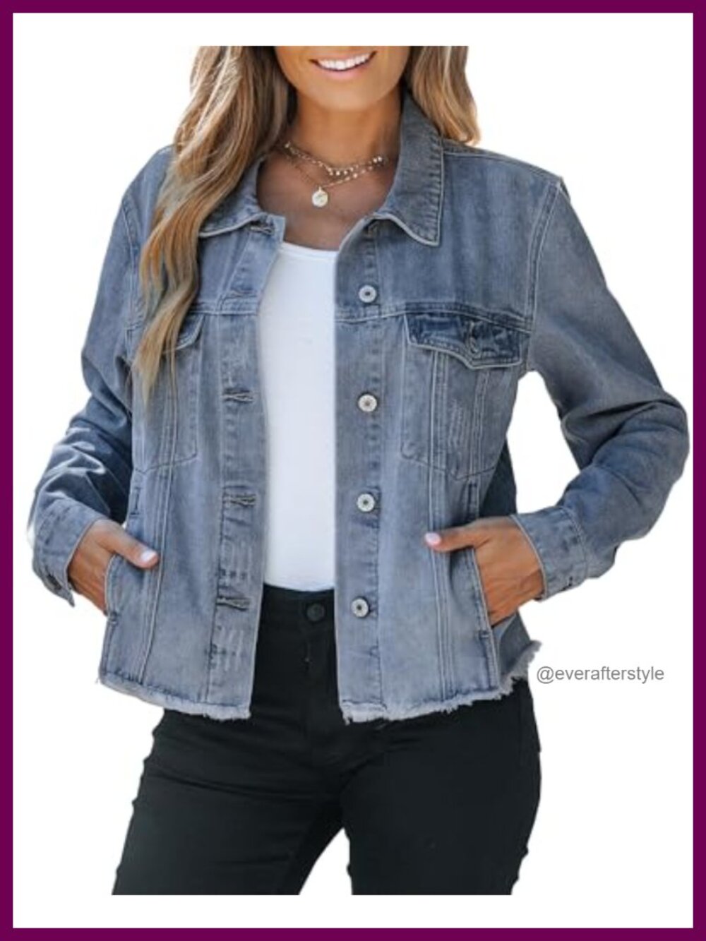 Women's Denim Jacket Button Down Distressed Frayed Hem Trucker Jean Jacket with